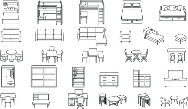 Furniture elevation vector icon set, CAD interior design line art with front and side view household furniture including beds, sofas, tables, chairs, wardrobes and storage units for architectural
