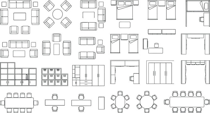 Mega CAD furniture symbol vector set, interior architecture floor plan blocks with office desks, conference tables, seating layouts, storage units and modular components for space planning