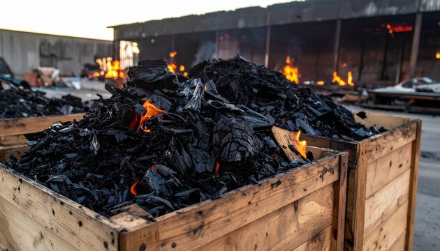 Charred Wood Remnants Smoldering in Wooden Crate with Flames