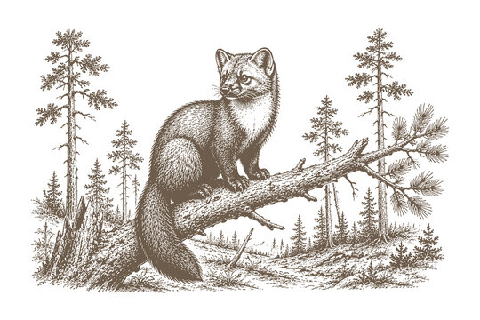 Wild marten perched on pine tree branch vector illustration, vintage engraving style forest predator animal for wildlife and nature branding.