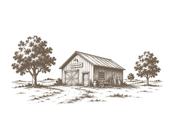 Vintage engraving style workshop building in rural landscape vector illustration, hand drawn wooden shed scene for traditional craft branding. © Chairul