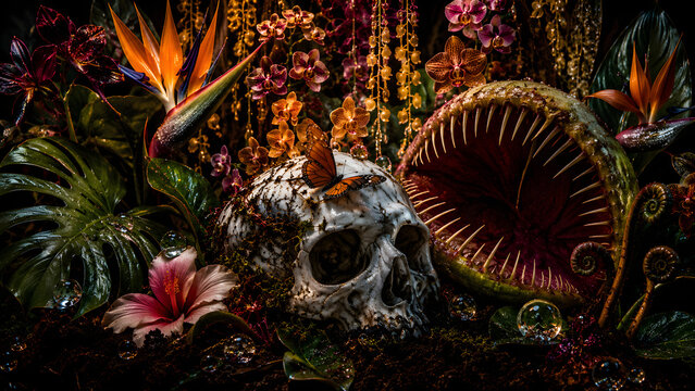 Surreal Botanical Explosion Tropical Flowers Growing From Human Skull Vanitas Concept Fine Art Print