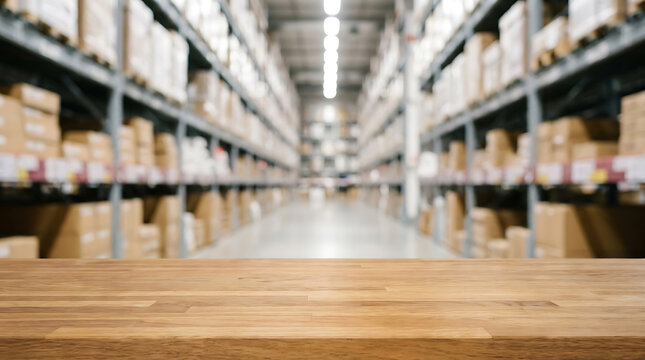 Empty wooden table top with blurred warehouse background for product display and logistics concept.