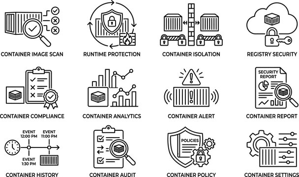 Set of thin line icons for container security and cloud infrastructure management.