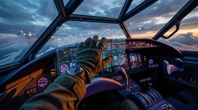 Pilot&rsquo;s hand navigating floating flight maps and aircraft controls, futuristic cockpit atmosphere, dramatic aviation lighting, Generated by AI