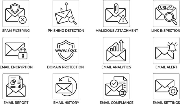 Set of thin line icons for email security and management.