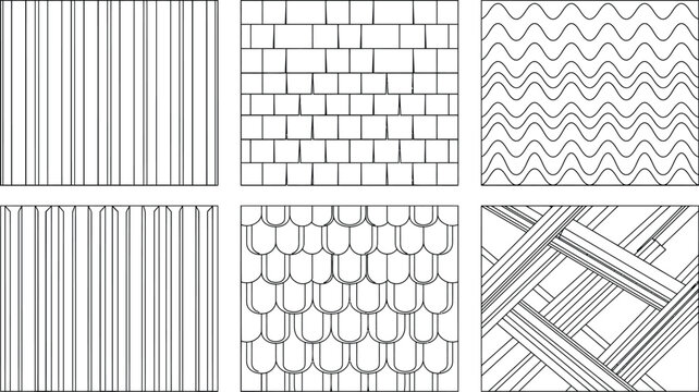 Architectural hatch pattern vector set, CAD material texture swatches with brick masonry, cladding stripes, roof shingles, parquet and basket weave fills for blueprint drafting and construction