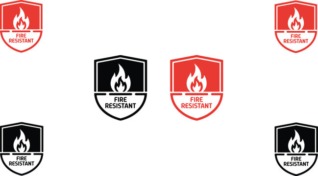 Safety emblem illustration set with fire resistant shield badges, flame symbols and repeating protective pattern background design