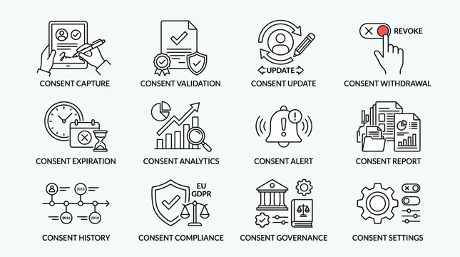Set of twelve data consent management and compliance outline icons.