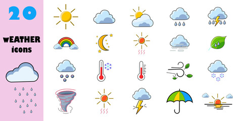 Naklejka premium Set of sun, cloud, rain, moon, thunderbolt, umbrella, rainbow and other vector icons for weather design and illustration