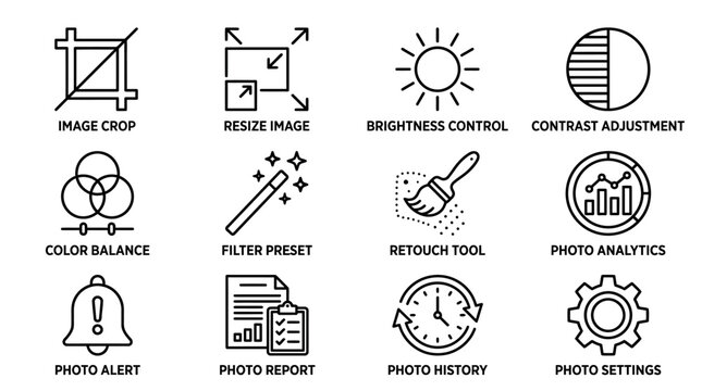 Set of twelve photo editing and management line icons.
