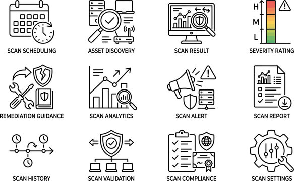 Set of vulnerability scan and cyber security icons.