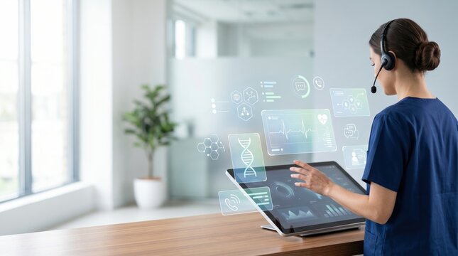 Future healthcare technology telemedicine consultation concept female nurse using advanced holographic interface medical data analysis genetic engineering visuals modern clinic