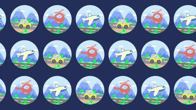 Seamless pattern with travel icons featuring car, airplane, and helicopter in background animation. Minimalist vacation trip wallpaper with transportation symbol and mountain landscape cartoon.
