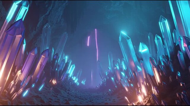 Sci-Fi Cavern with Glowing Crystals and Energy Beams