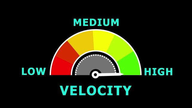 A semicircular gauge a color spectrum from red to green indicating velocity levels from low to with a needle pointing towards the midium range on 4k black background animation