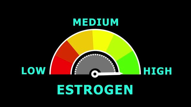 Stylized semi-circular gauge with ESTROGEN" label and needle pointing to a medium-high level on 4k black background animation