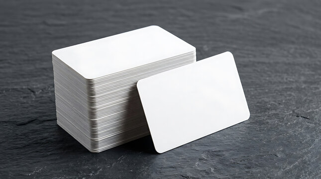 Stack of blank white business cards with rounded corners on a dark textured stone surface for branding and identity mockup