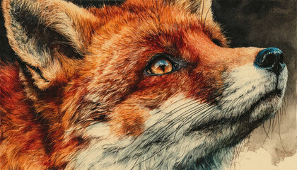 Fototapeta premium Detailed Watercolor Fox Portrait with Expressive Amber Eye