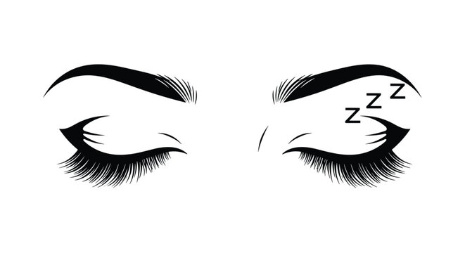 Elegant closed eyes with long thick eyelashes and floating sleep symbols representing rest, beauty sleep, relaxation, or dream states.