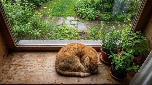 Ginger cat sleeping on windowsill with potted plants