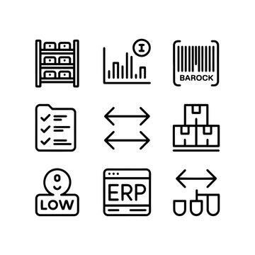 Inventory management line icons set, warehouse logistics and ERP software symbols, 9 professional vector elements for supply chain business