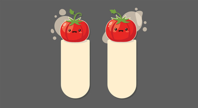 Two tomato characters on top of blank vertical banners, cute vegetable themed note templates or bookmarks for kitchen or kids use.