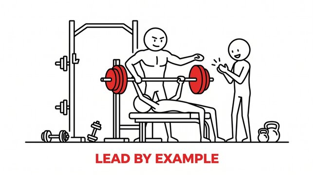 A stick figure illustration depicting a person bench pressing with a spotter and an encouraging observer in a gym, emphasizing teamwork and support.