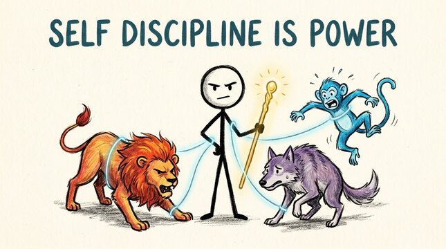 A stick figure taming a lion, wolf, and monkey with a glowing staff, illustrating the power of self-discipline.
