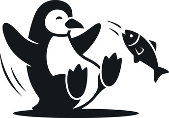 Penguin with open flippers catches fish jumping out of water playful cartoon illustration simple black silhouette isolated on transparent background. © Sadhin
