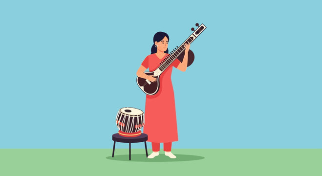 Indian woman playing sitar with tabla drum, traditional music performance