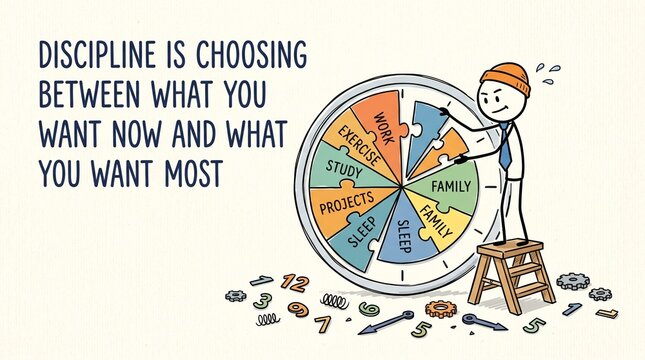 Stick figure on stool arranges puzzle pieces on a circular diagram of daily activities: work, exercise, study, family, illustrating discipline and time management.