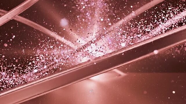 Abstract rose gold glowing particles and metallic lines movement in cinematic motion background.