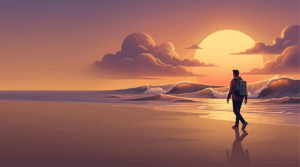 Fototapeta premium A person walks along a serene beach at sunset, with warm orange light reflecting on the wet sand and gentle waves.