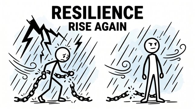 A stick figure walks up a winding path of stepping stones labeled with words like progress and habit, illustrating the concept of consistency and taking one step at a time.