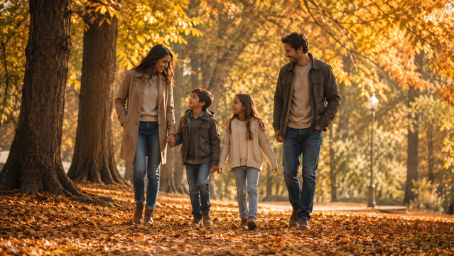 Happy young family enjoying a leisurely walk together through a sunlit park, surrounded by the beautiful golden and orange hues of autumn foliage and fallen leaves