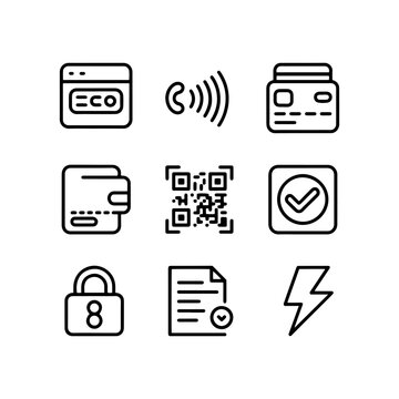 Modern fintech line icons set, digital payment and e-commerce vector symbols, 9 black outline icons for mobile banking and online shopping apps