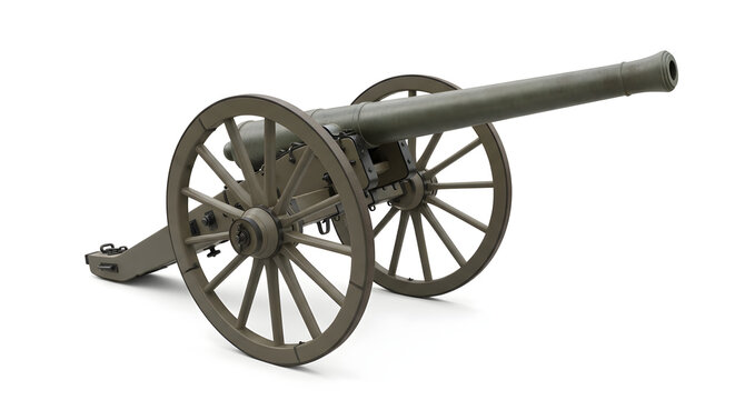 A historic cannon sits on wooden wheels on a field