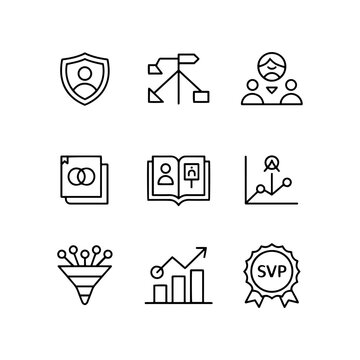Minimalist business management icons, professional corporate leadership line art set, marketing funnel and growth chart vector symbols