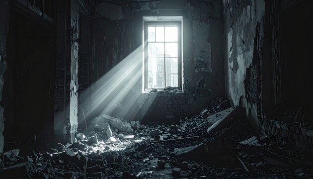 Single unbroken window in destroyed building with light beams