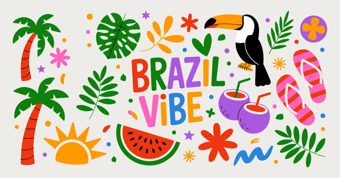 Brazil tropical culture stickers with summer travel and exotic lifestyle elements including palm trees, toucan, maracas and fruits and beach holiday symbols for brazilian carnival