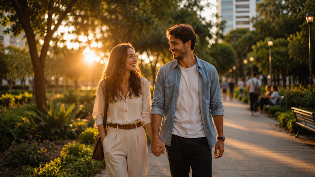 A joyful young couple shares a romantic, sunlit stroll through a beautiful park during the golden hour, looking at each other with affection and happiness, creating a perfect moment of togetherness
