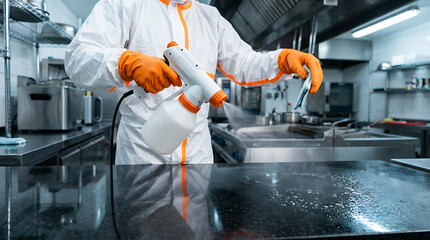 Naklejka premium Professional cleaner in protective hazmat suit disinfecting a commercial kitchen countertop with a spray gun