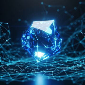 

A brilliant 3d blue diamond crystal gem with a shiny light pattern creates a luxury gemstone heart shape design for this abstract jewelry art illustration on a black background