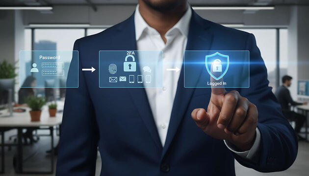 Businessman using multi factor authentication for secure login on digital screen