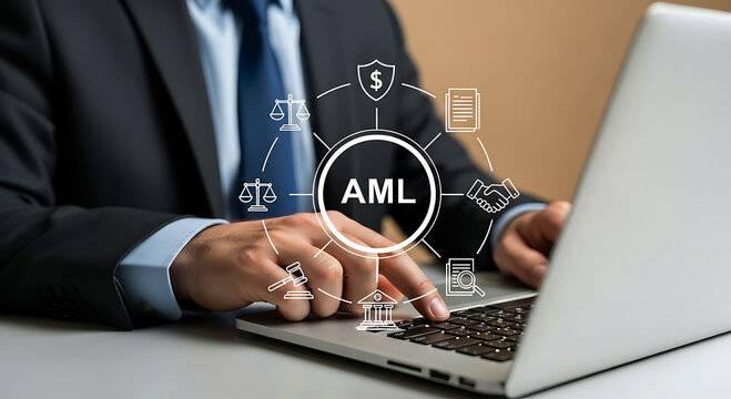 Professional working on Anti Money Laundering AML compliance on laptop