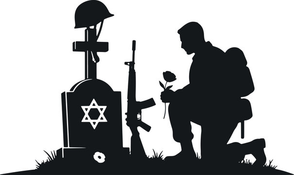 Soldier kneeling at grave memorial military tribute remembrance fallen hero grave marker helmet rifle flower patriotism sacrifice.