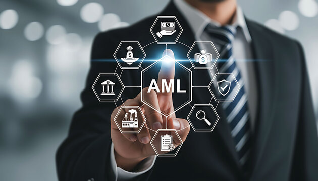 Anti Money Laundering Concept Business Professional Touching AML Screen