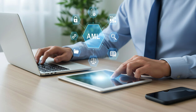 Businessman using tablet for AML anti money laundering compliance and security