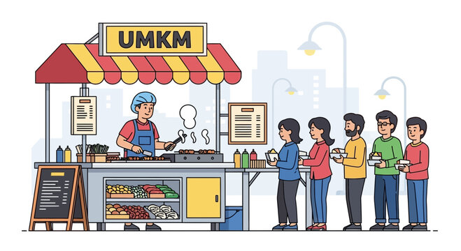 Street Food Vendor Serving Customers at UMKM Stall - Cartoon Illustration